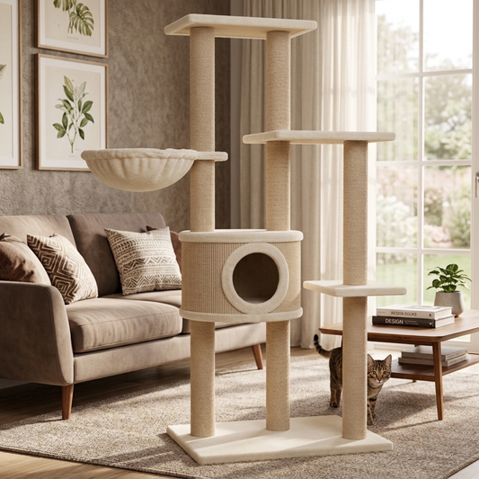 Arbre à chat multi-niveaux en jonc de mer & peluche beige – 126 cm